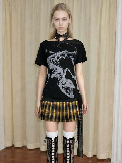 Emoha Black Skull Print Patchwork Lace Up Punk Women&