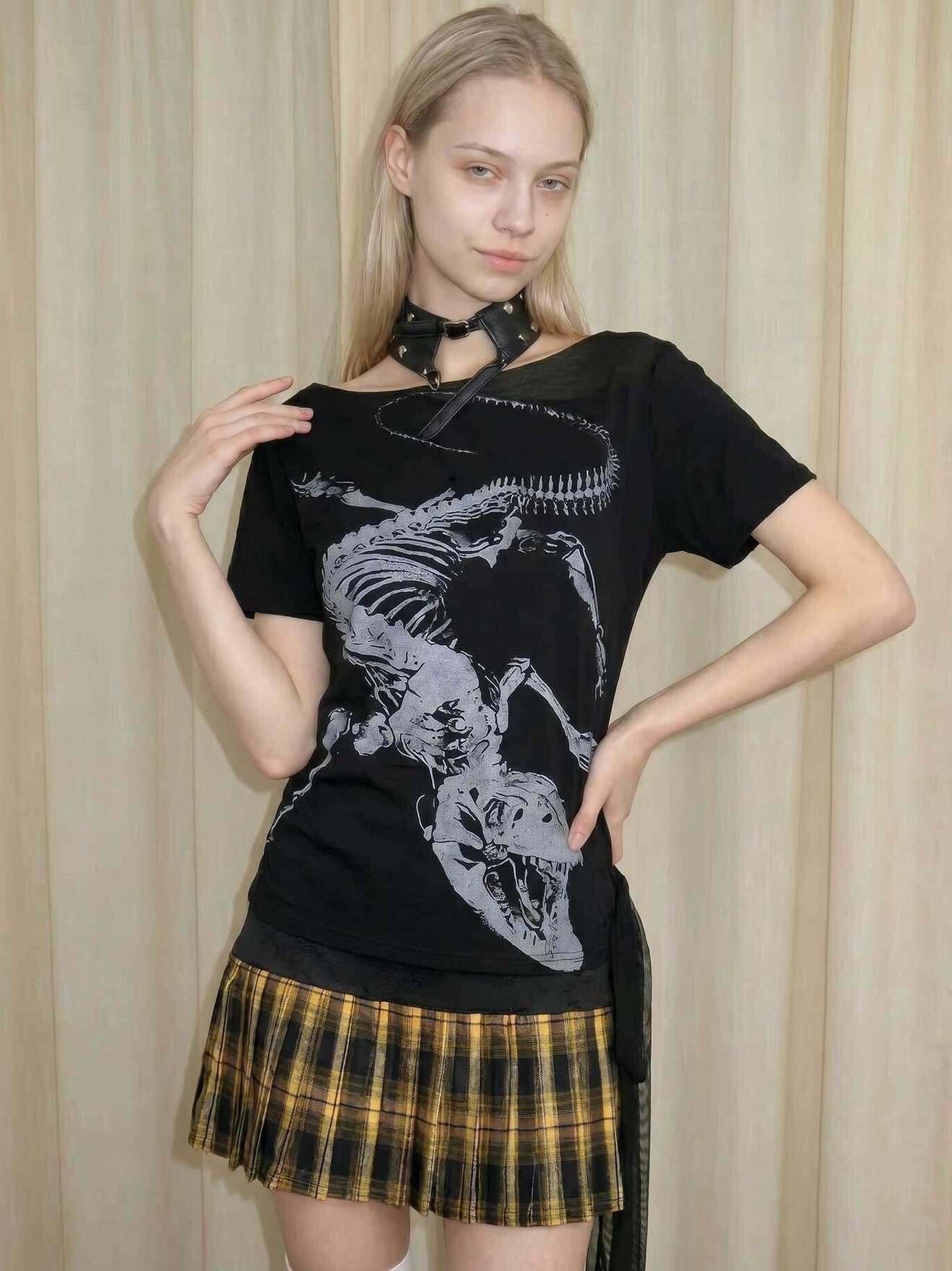 Emoha Black Skull Print Patchwork Lace Up Punk Women&