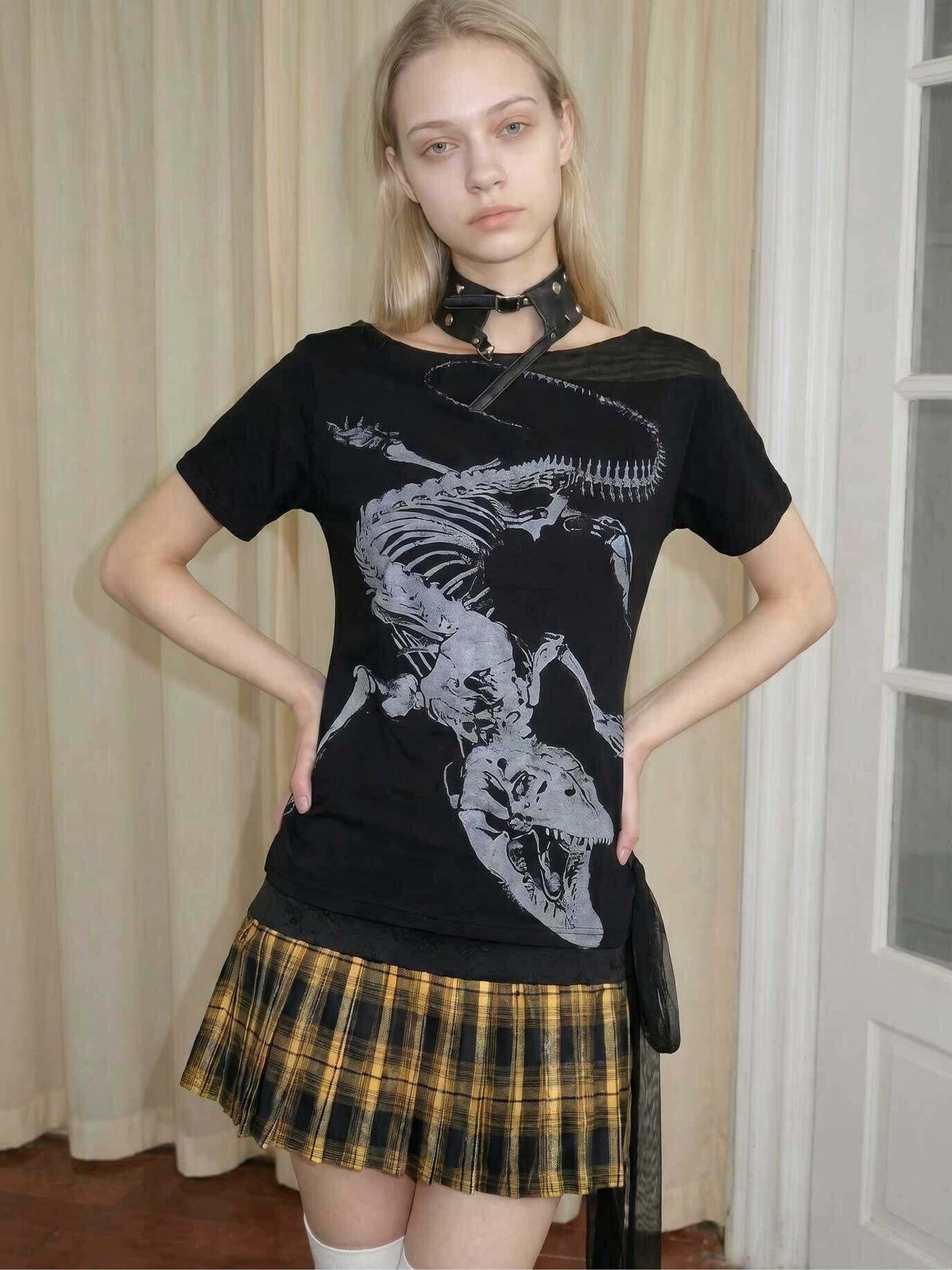 Emoha Black Skull Print Patchwork Lace Up Punk Women&