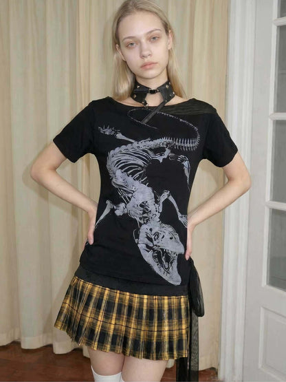 Emoha Black Skull Print Patchwork Lace Up Punk Women&