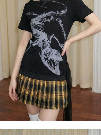 Emoha Black Skull Print Patchwork Lace Up Punk Women&