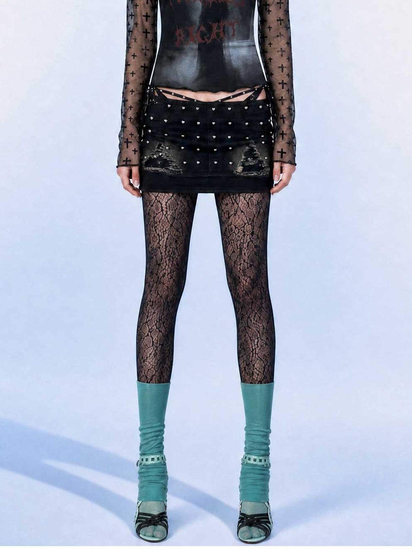 Emoha Black Studded Low Waist Metal Hardware A Line Women&