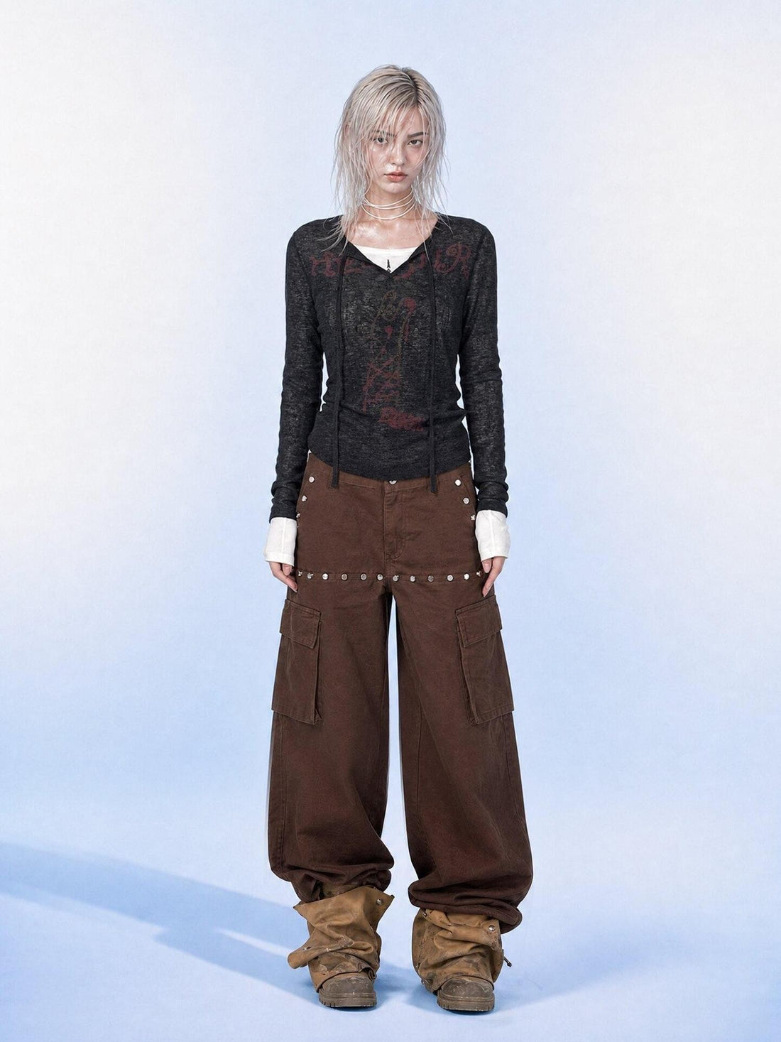 Emoha Brown Cargo Multi Pocket Studded Curved Women&