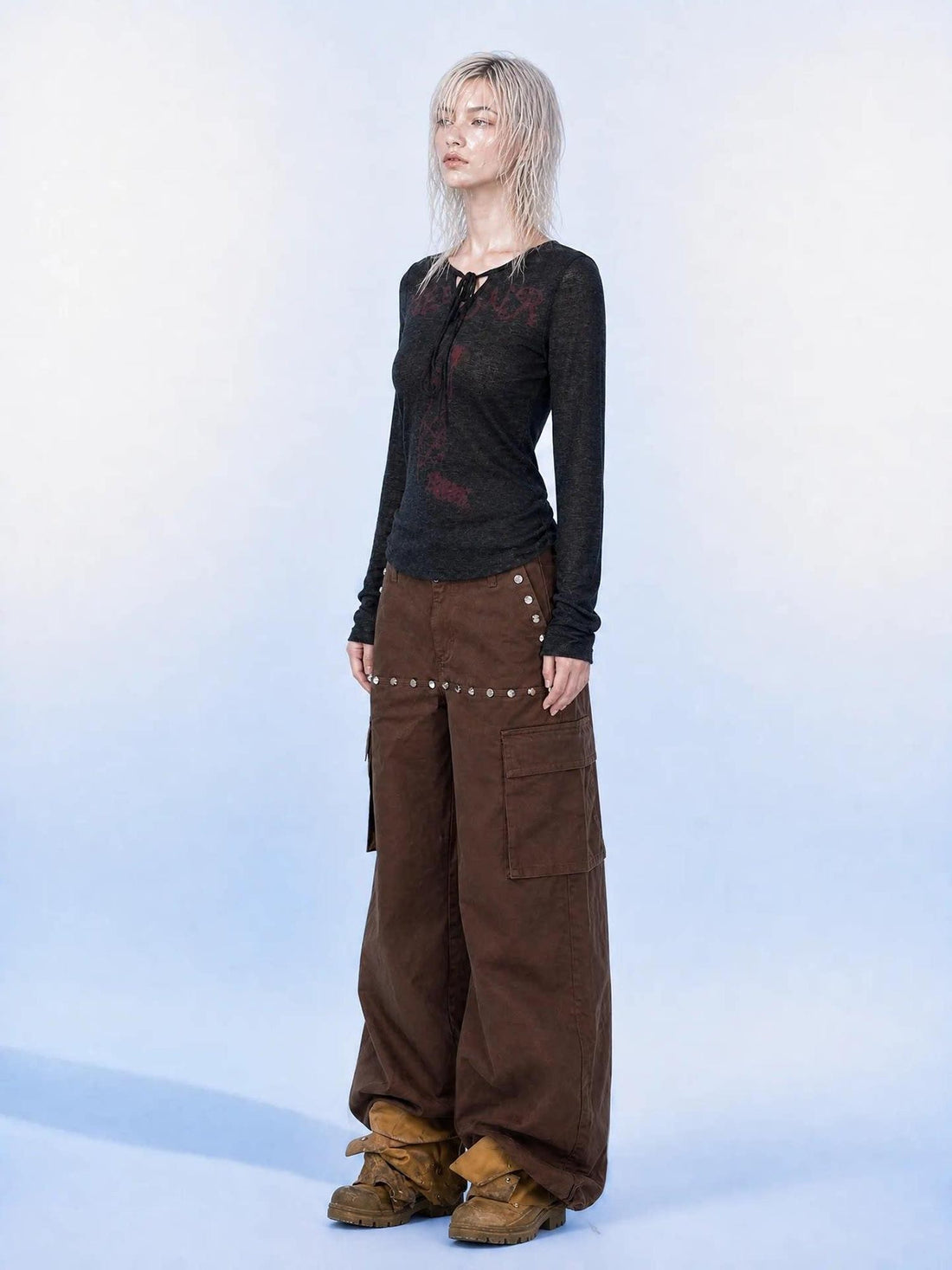 Emoha Brown Cargo Multi Pocket Studded Curved Women&