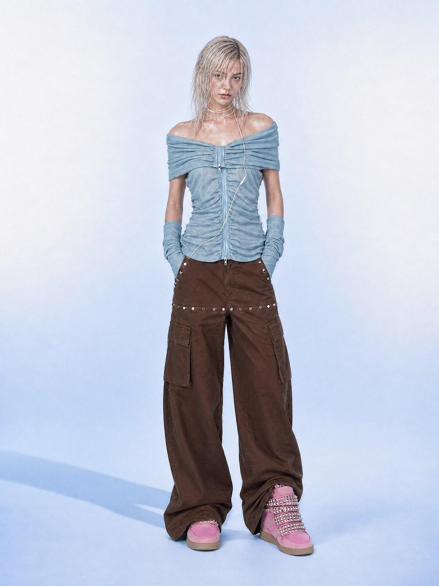 Emoha Brown Cargo Multi Pocket Studded Curved Women&