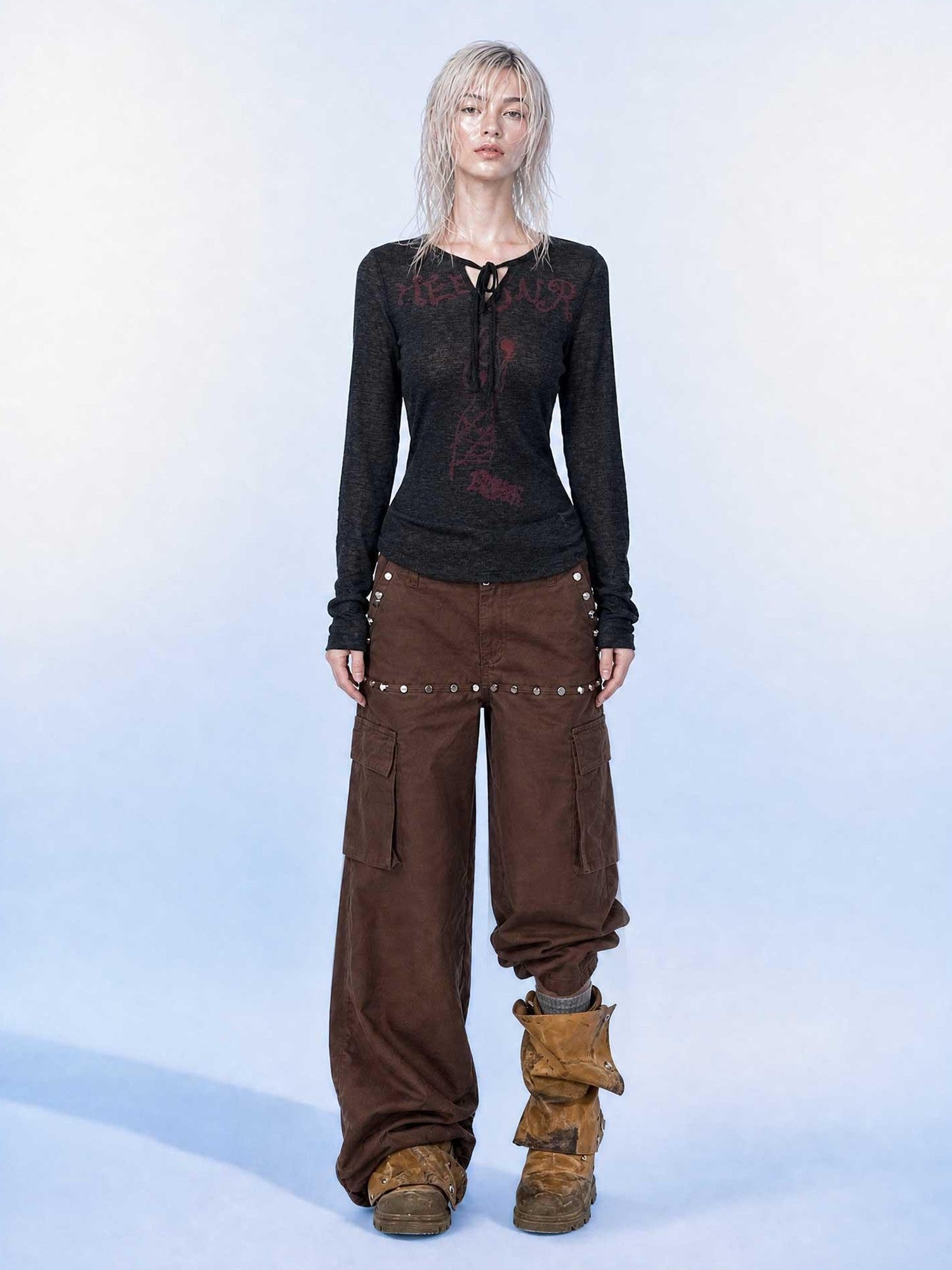 Emoha Brown Cargo Multi Pocket Studded Curved Women&