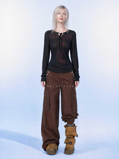 Emoha Brown Cargo Multi Pocket Studded Curved Women&