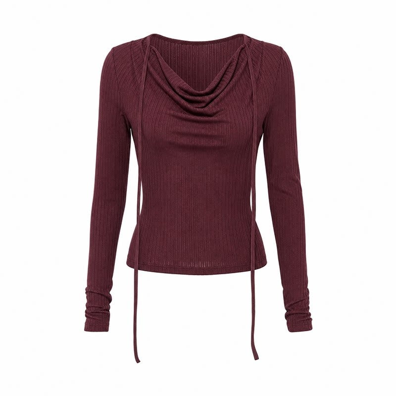 Emoha_Burgundy_Drape_Neck_Ribbon_Tie_Knit_Slim_Women&