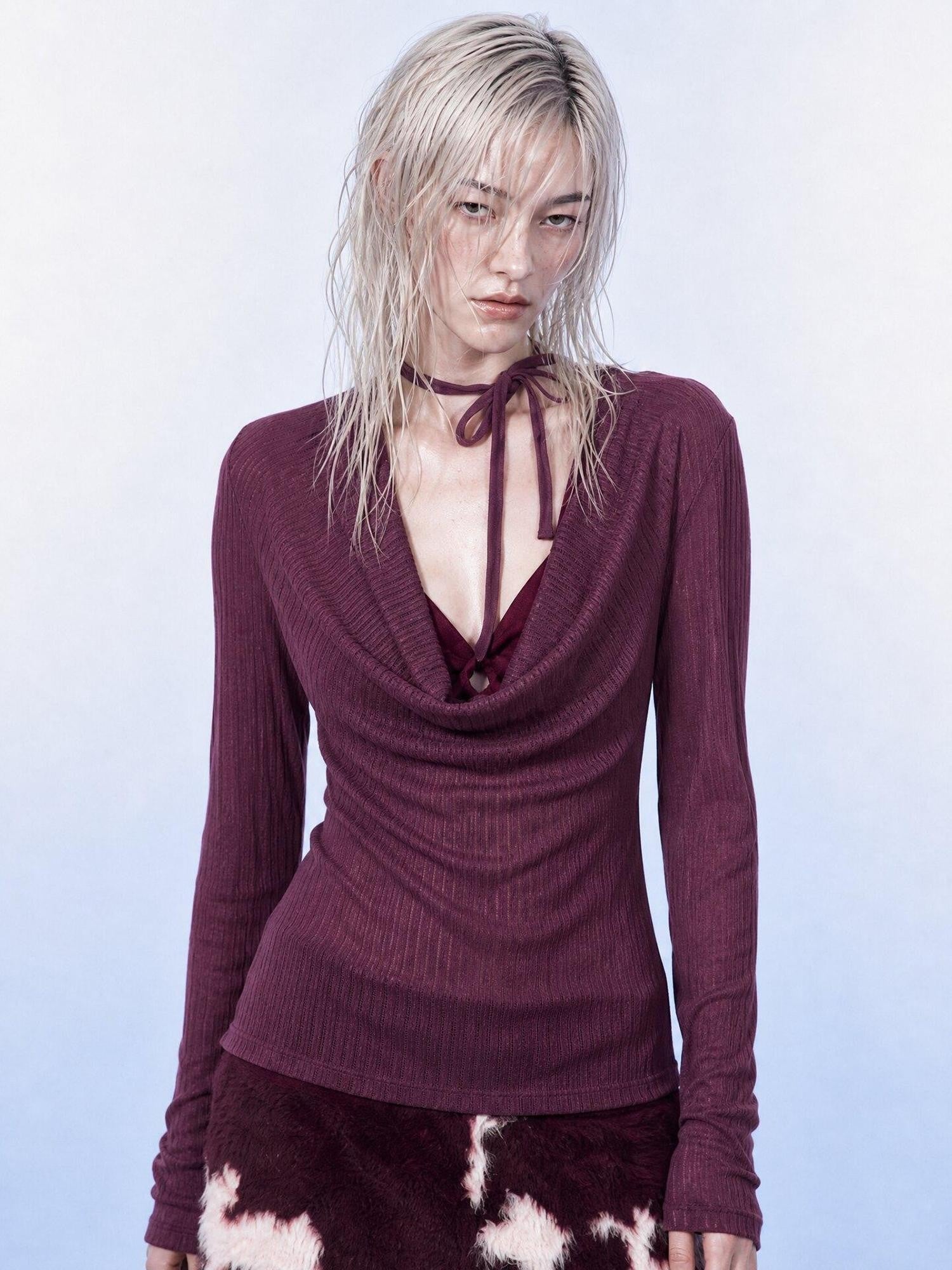 Emoha Burgundy Drape Neck Ribbon Tie Knit Slim Women&