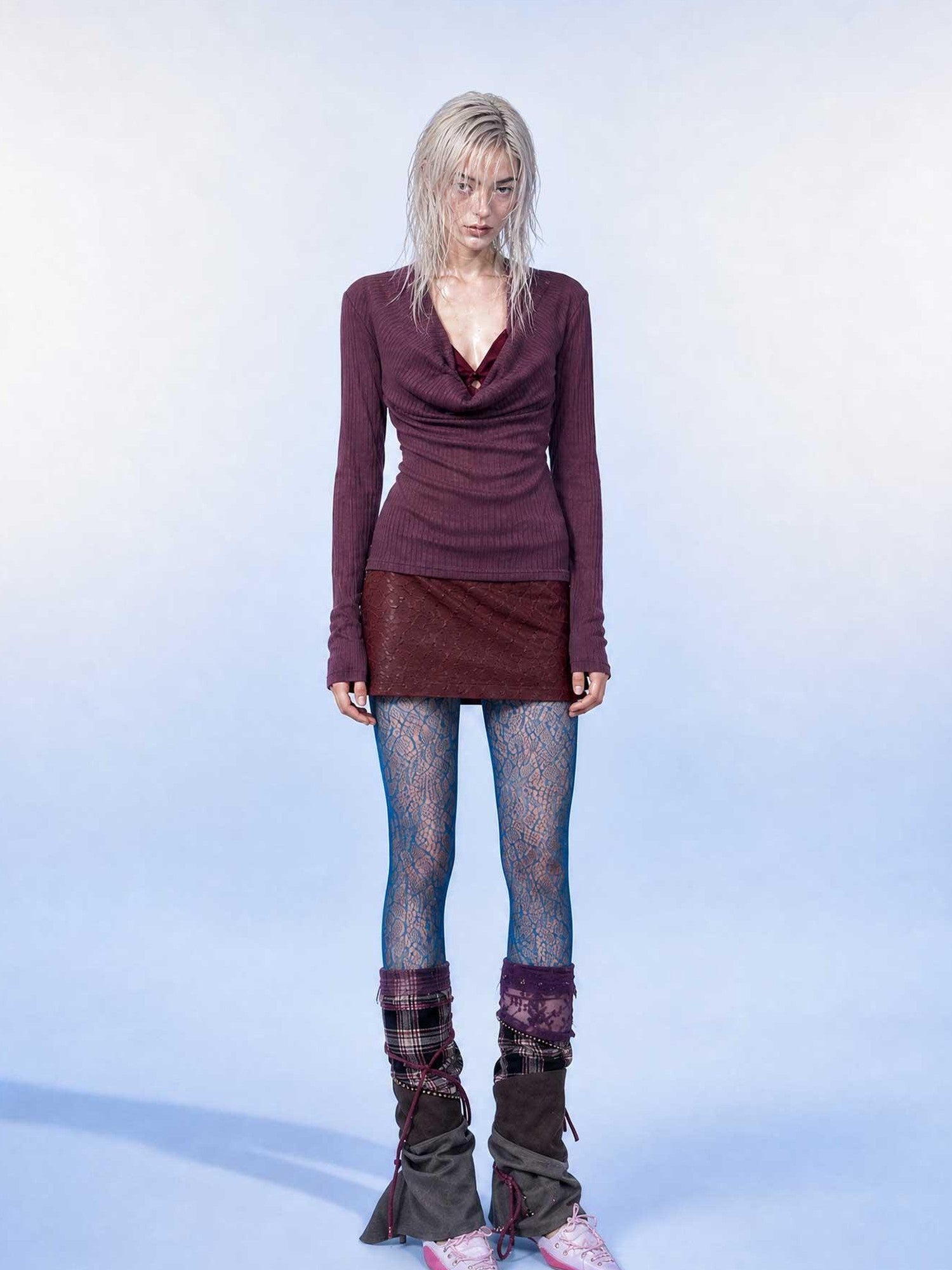 Emoha Burgundy Drape Neck Ribbon Tie Knit Slim Women&