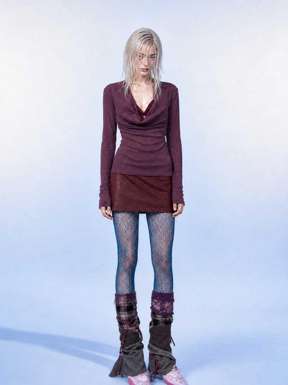 Emoha Burgundy Drape Neck Ribbon Tie Knit Slim Women&