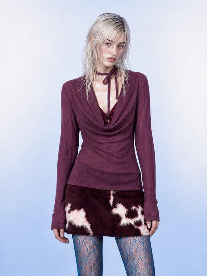 Emoha Burgundy Drape Neck Ribbon Tie Knit Slim Women&