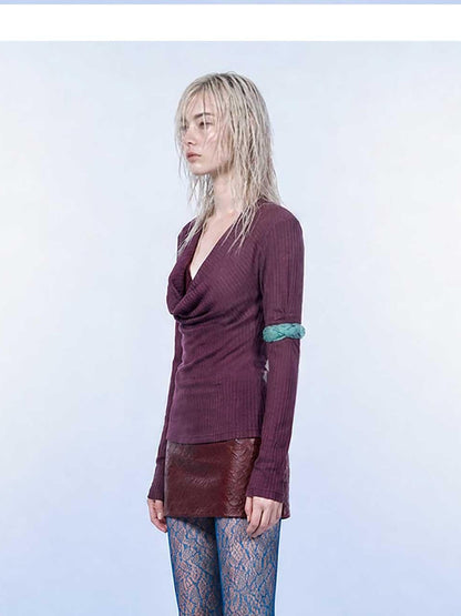 Emoha Burgundy Drape Neck Ribbon Tie Knit Slim Women&
