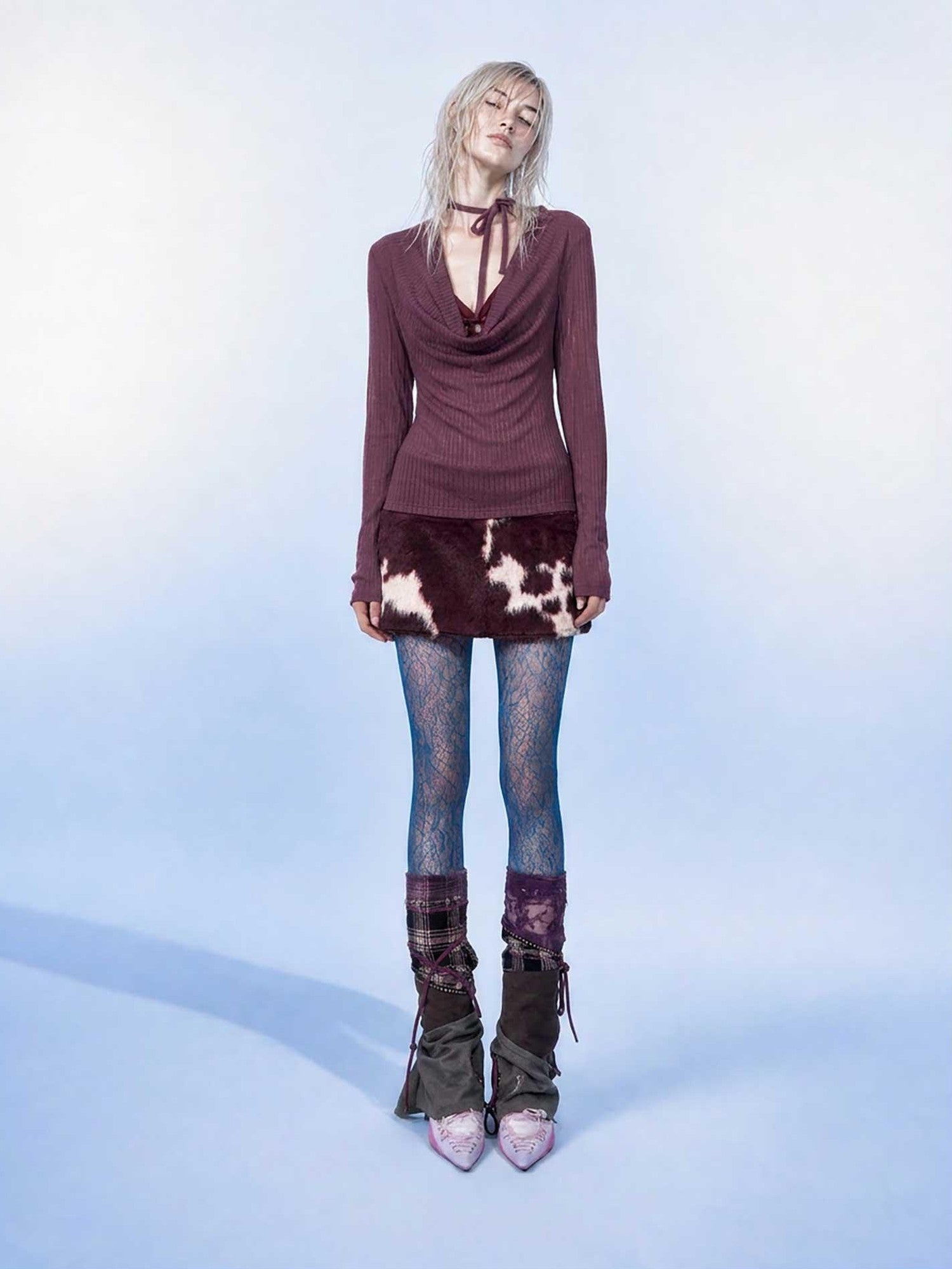 Emoha Burgundy Drape Neck Ribbon Tie Knit Slim Women&