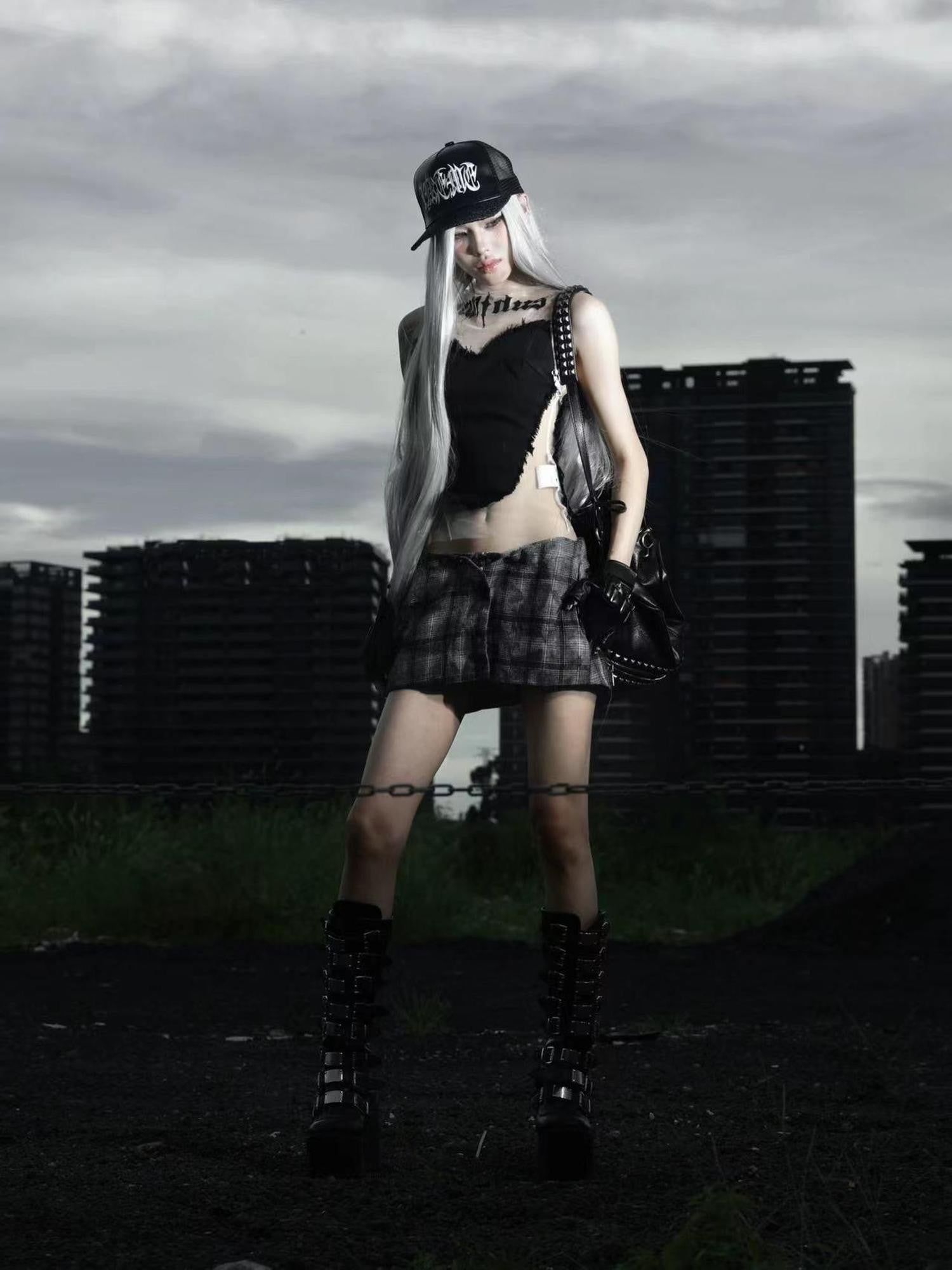 Emoha Butterfly Plaid A Line Pocket Mid Waist Slim Women&