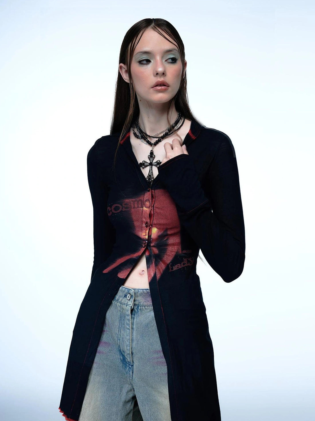 Emoha Cosmic Punk Cat Knit V-neck T-shirt Long Sleeve