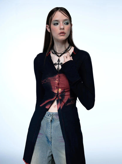 Emoha Cosmic Punk Cat Knit V-neck T-shirt Long Sleeve