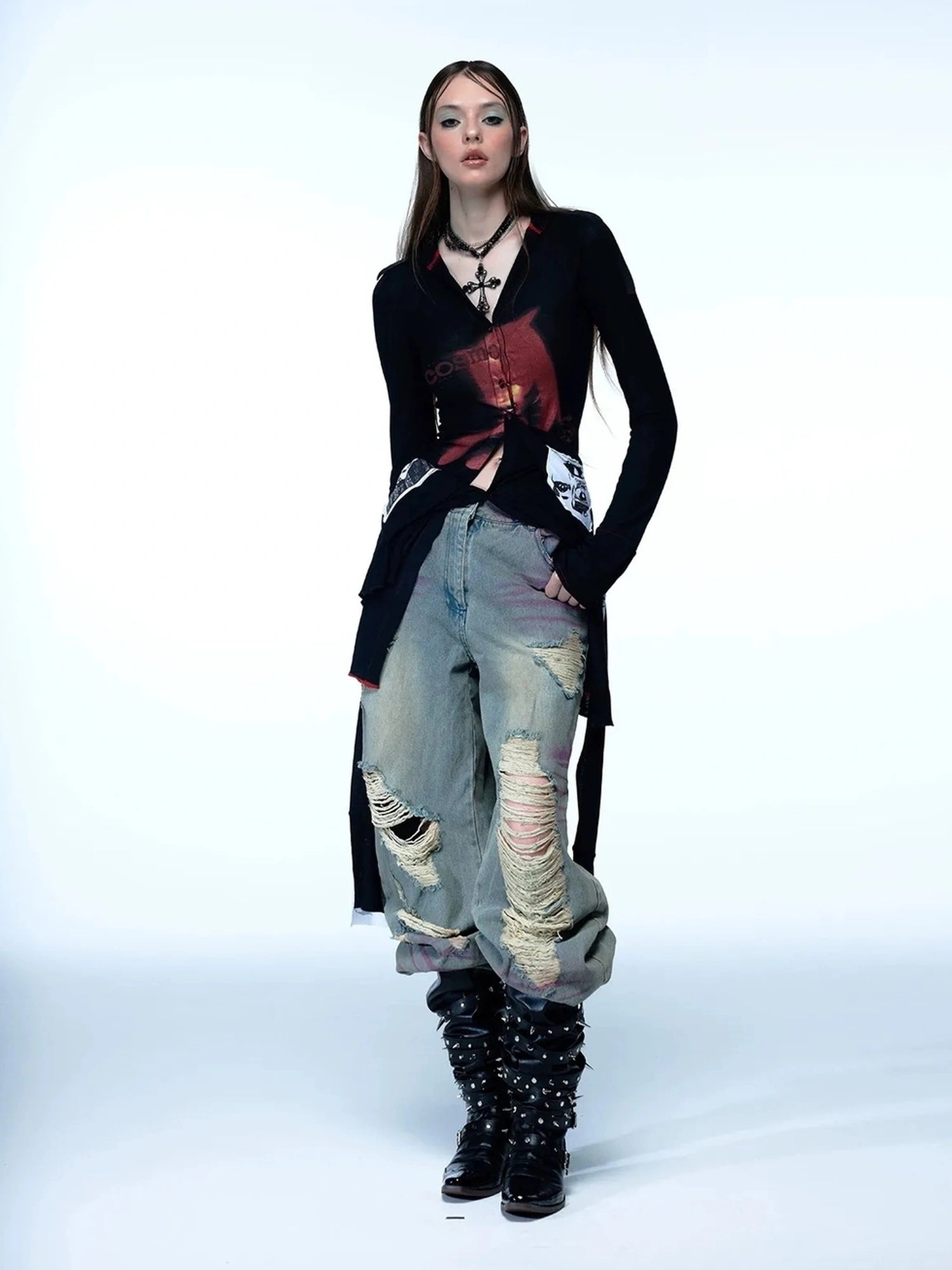 Emoha Cosmic Punk Cat Knit V-neck T-shirt Long Sleeve