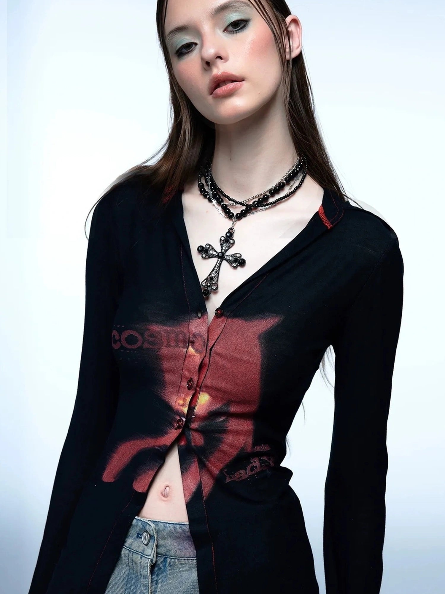 Emoha Cosmic Punk Cat Knit V-neck T-shirt Long Sleeve