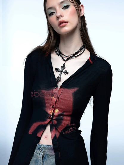 Emoha Cosmic Punk Cat Knit V-neck T-shirt Long Sleeve