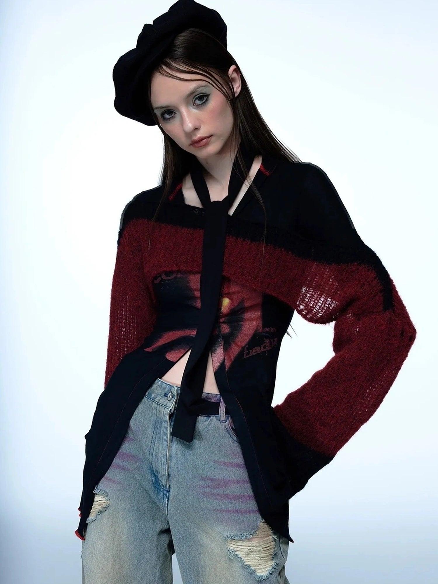 Emoha Cosmic Punk Cat Knit V-neck T-shirt Long Sleeve