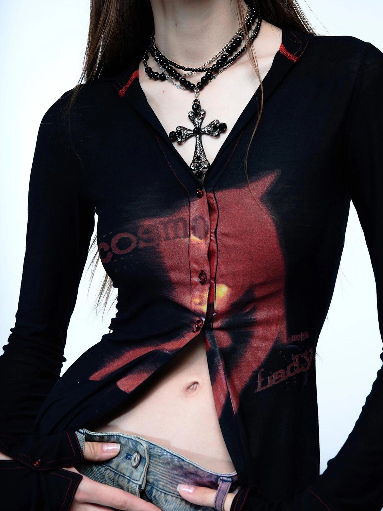 Emoha Cosmic Punk Cat Knit V-neck T-shirt Long Sleeve