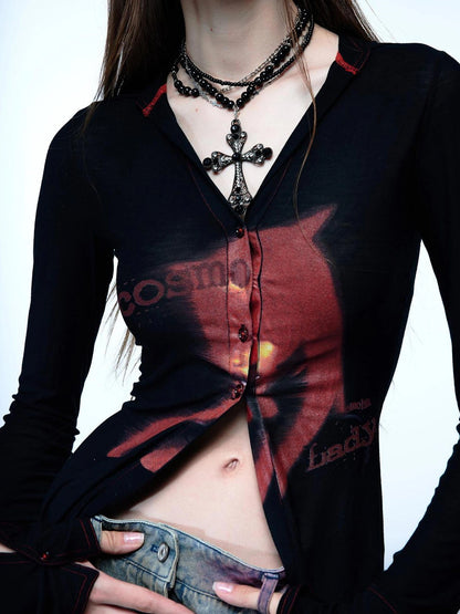 Emoha Cosmic Punk Cat Knit V-neck T-shirt Long Sleeve