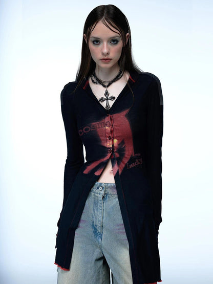 Emoha Cosmic Punk Cat Knit V-neck T-shirt Long Sleeve
