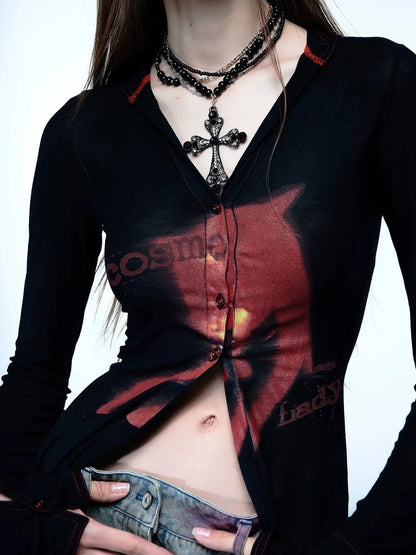 Emoha Cosmic Punk Cat Knit V-neck T-shirt Long Sleeve