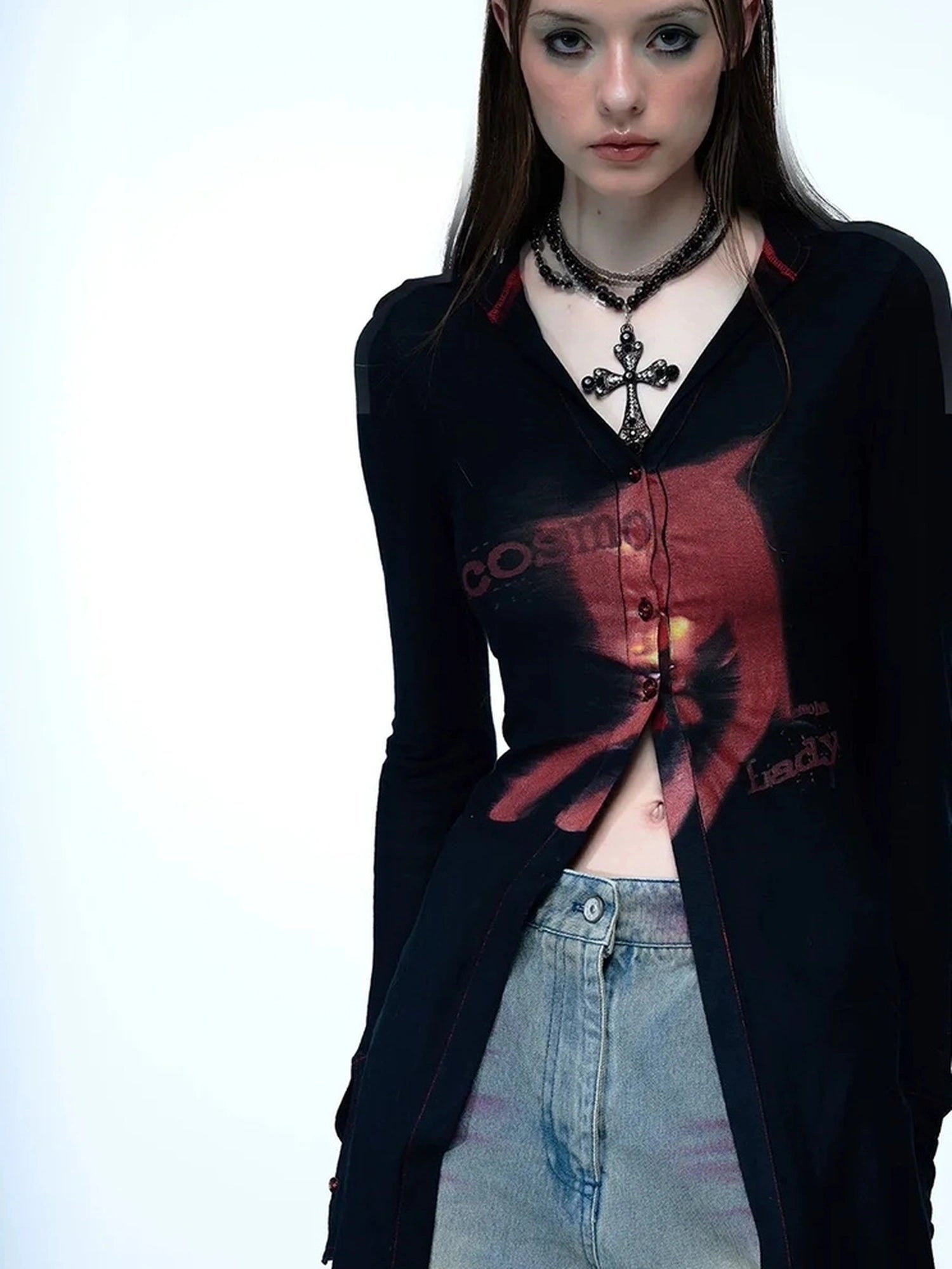 Emoha Cosmic Punk Cat Knit V-neck T-shirt Long Sleeve