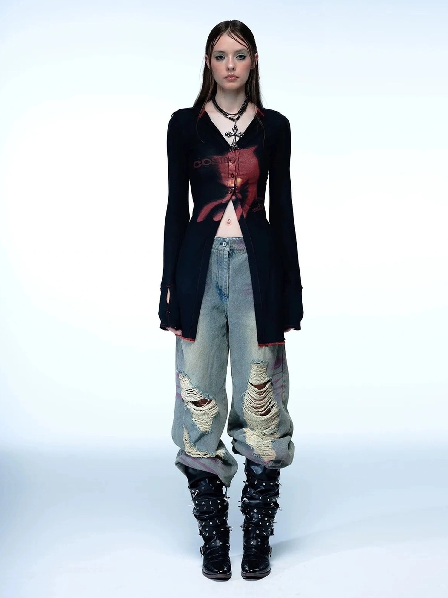 Emoha Cosmic Punk Cat Knit V-neck T-shirt Long Sleeve