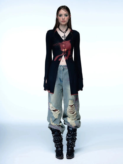 Emoha Cosmic Punk Cat Knit V-neck T-shirt Long Sleeve