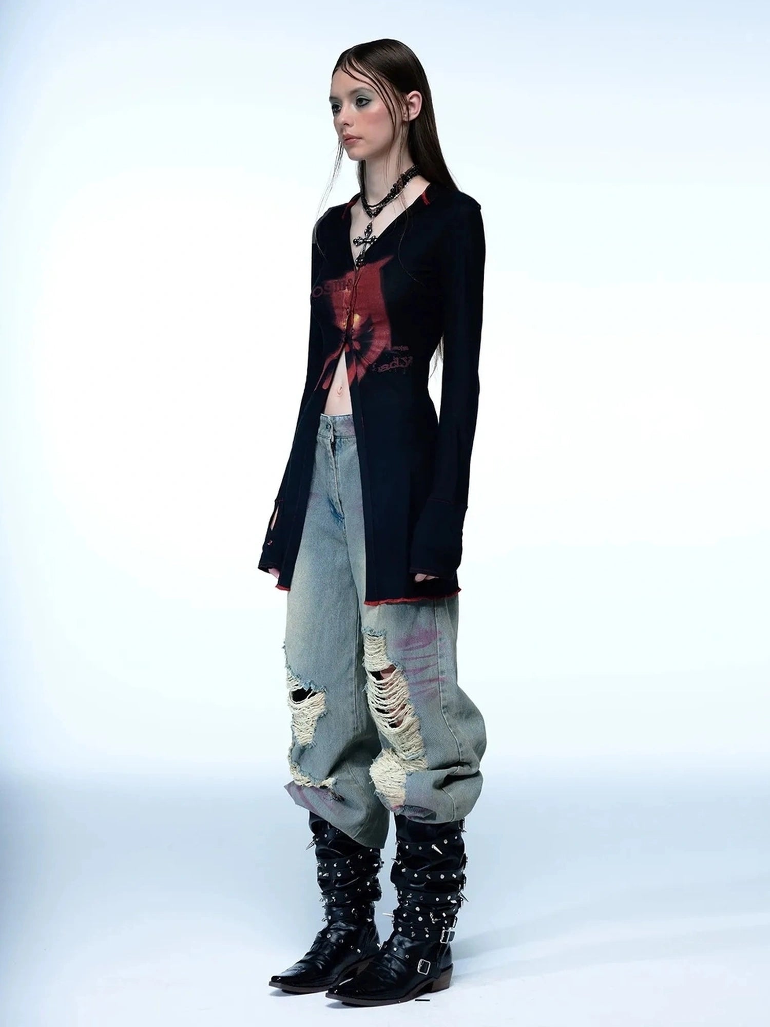 Emoha Cosmic Punk Cat Knit V-neck T-shirt Long Sleeve