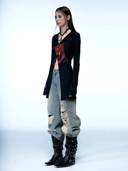 Emoha Cosmic Punk Cat Knit V-neck T-shirt Long Sleeve