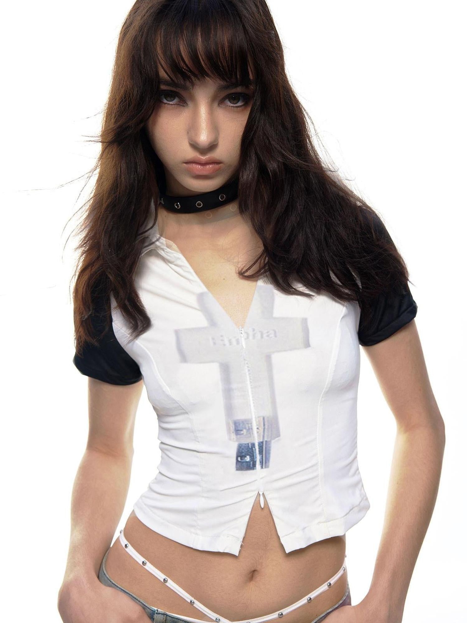 Emoha Cross Print Zip Polo Raglan Women&