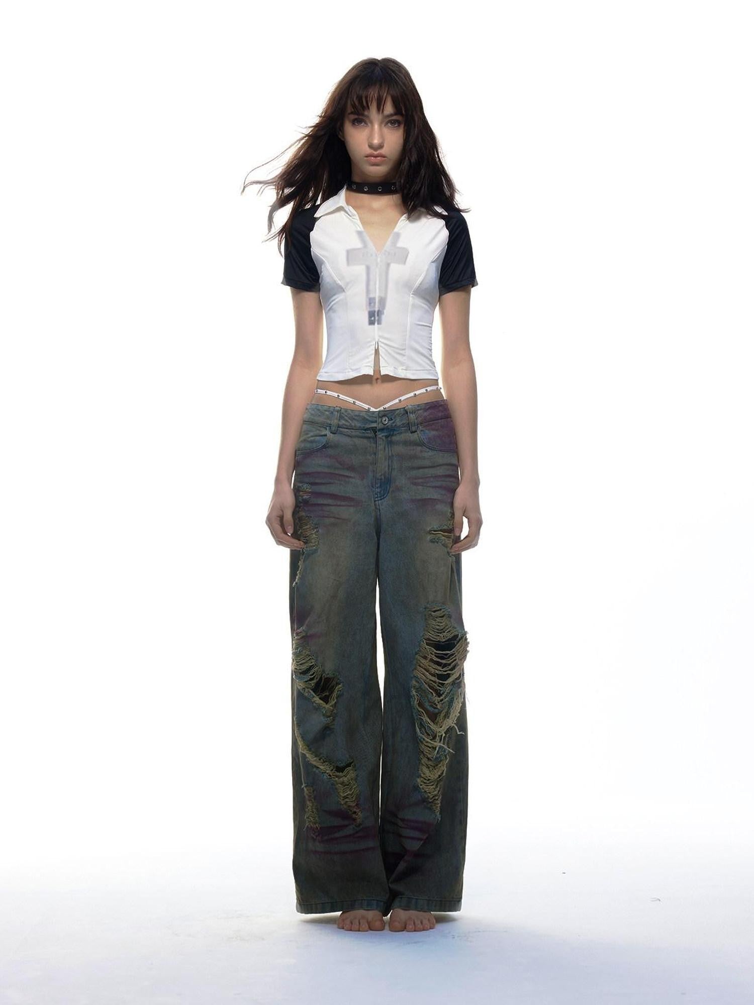 Emoha Cross Print Zip Polo Raglan Women&