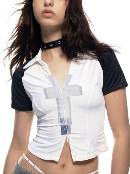 Emoha Cross Print Zip Polo Raglan Women&