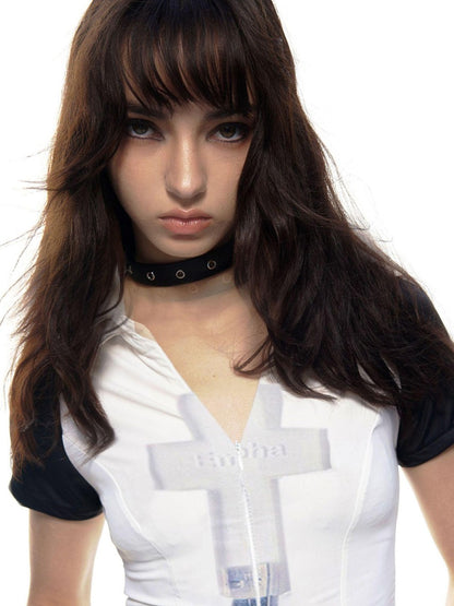 Emoha Cross Print Zip Polo Raglan Women&