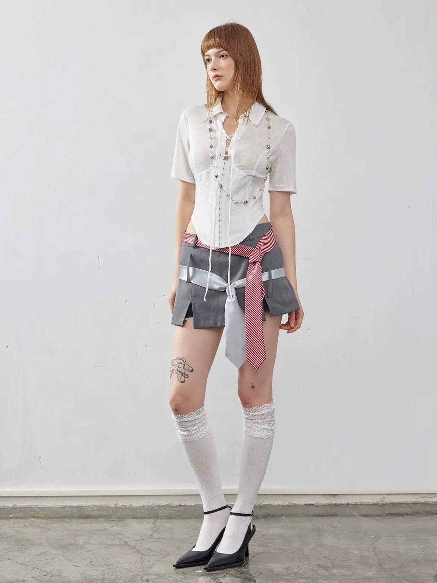 Emoha Elegant Fishtone Miu Style Slim Fit Lace Waist Tie Shirt