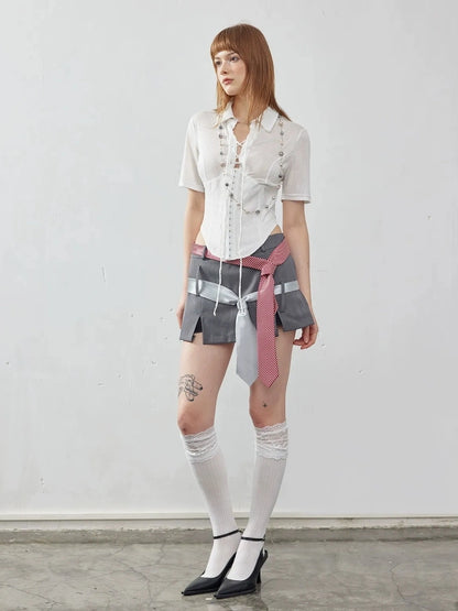 Emoha Elegant Fishtone Miu Style Slim Fit Lace Waist Tie Shirt