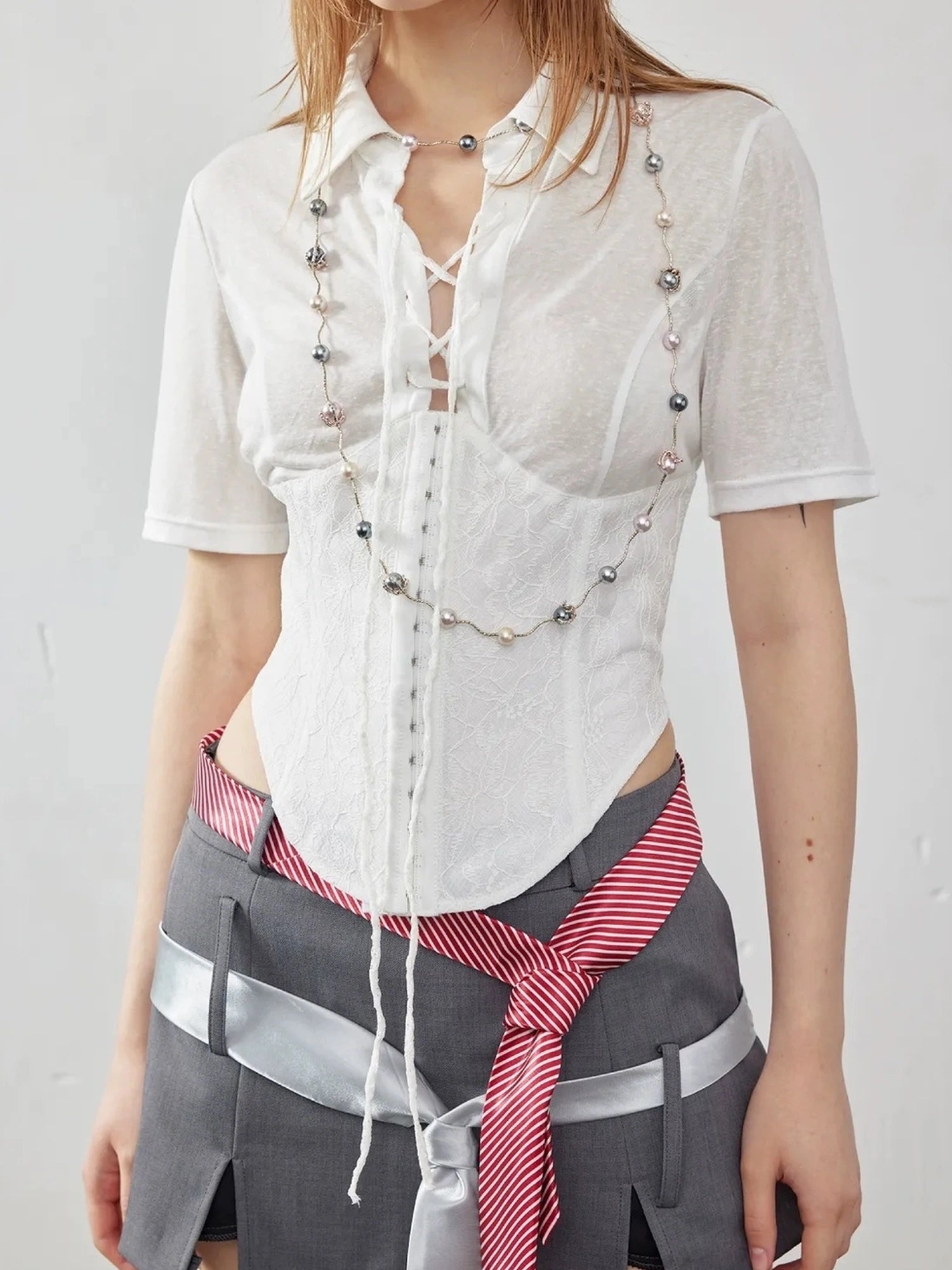 Emoha Elegant Fishtone Miu Style Slim Fit Lace Waist Tie Shirt