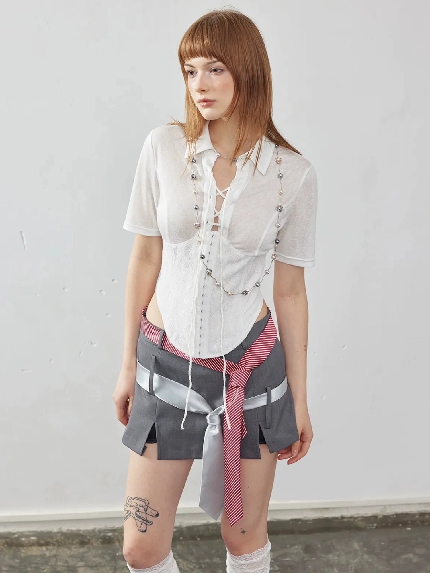 Emoha Elegant Fishtone Miu Style Slim Fit Lace Waist Tie Shirt