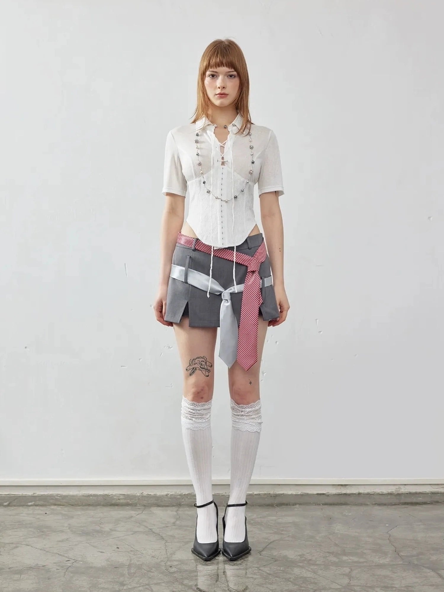Emoha Elegant Fishtone Miu Style Slim Fit Lace Waist Tie Shirt