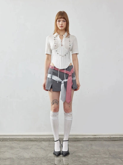 Emoha Elegant Fishtone Miu Style Slim Fit Lace Waist Tie Shirt