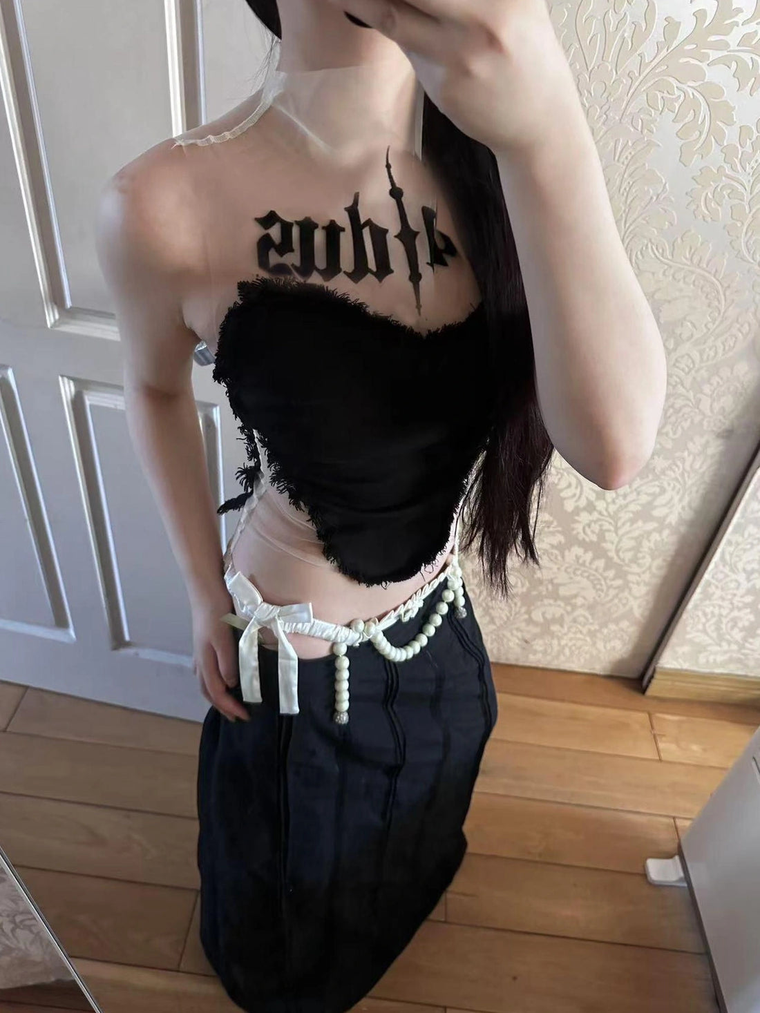 Emoha Flocked Mesh Futuristic Cut Out Tank Top