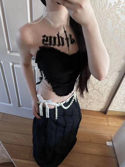 Emoha Flocked Mesh Futuristic Cut Out Tank Top