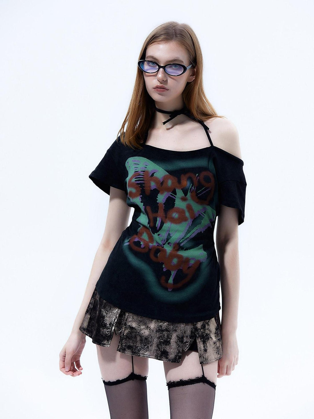 Emoha Flutter Sleeve Letter Print Distressed Slim Women&