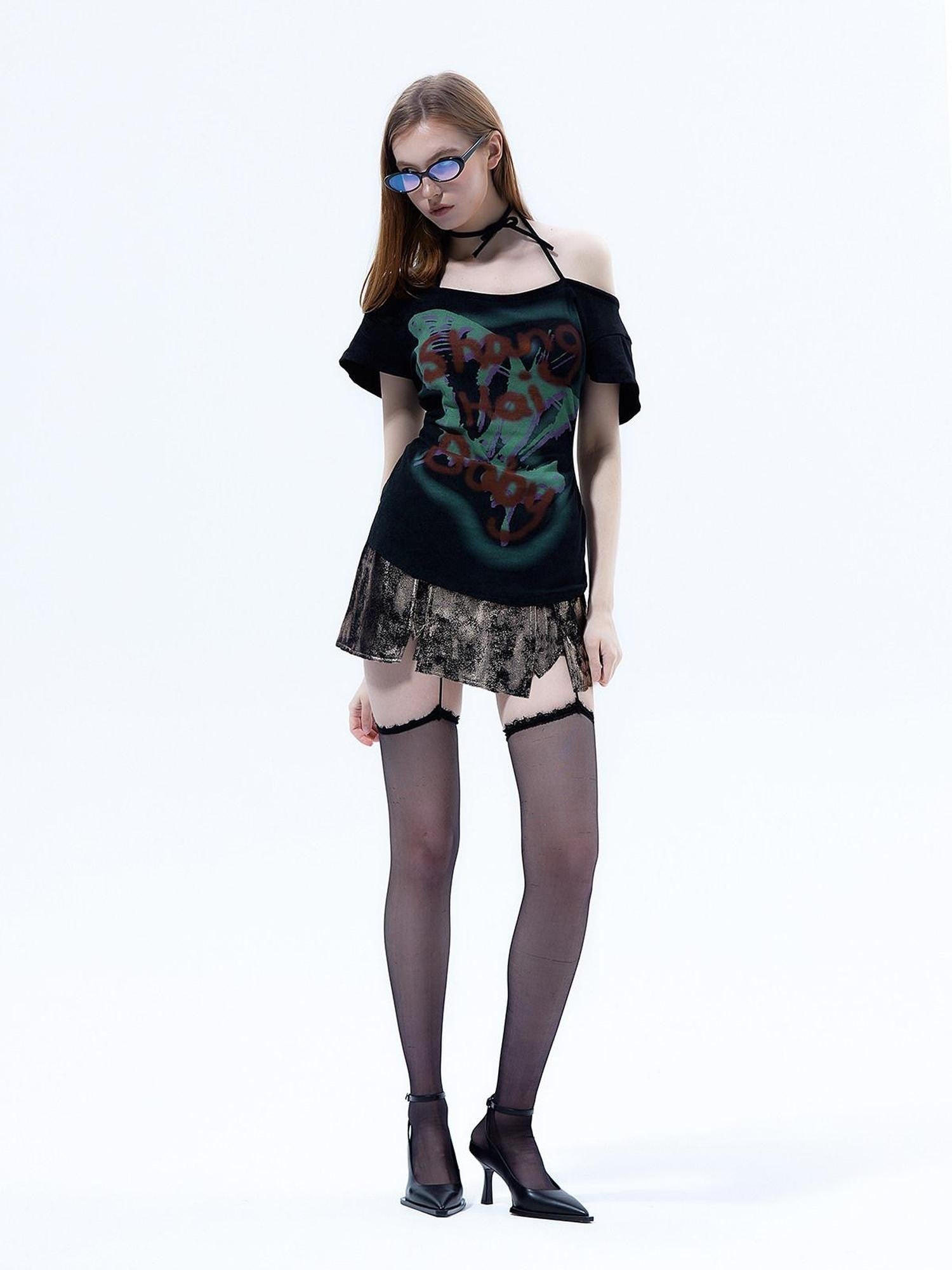 Emoha Flutter Sleeve Letter Print Distressed Slim Women&