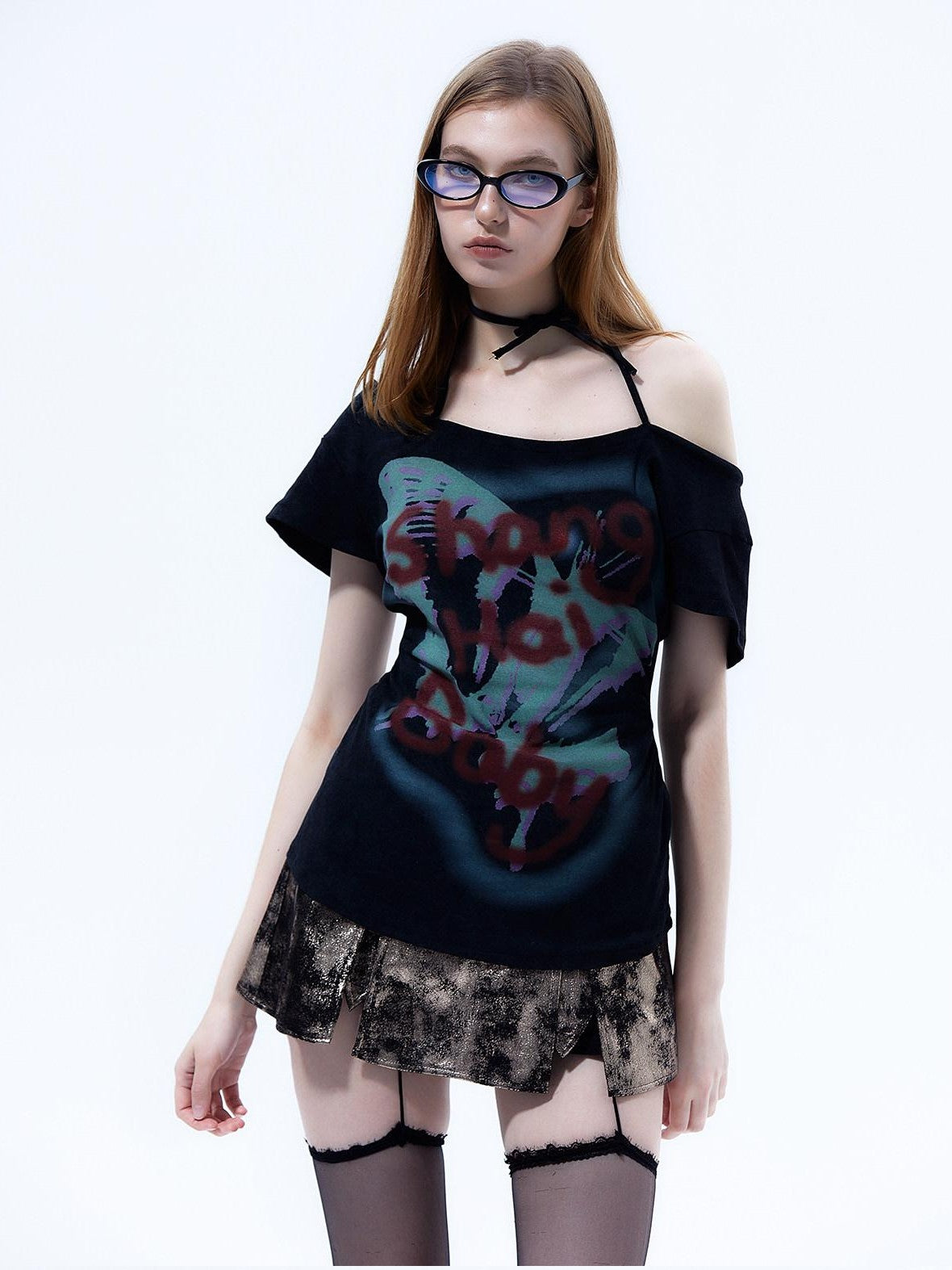 Emoha Flutter Sleeve Letter Print Distressed Slim Women&