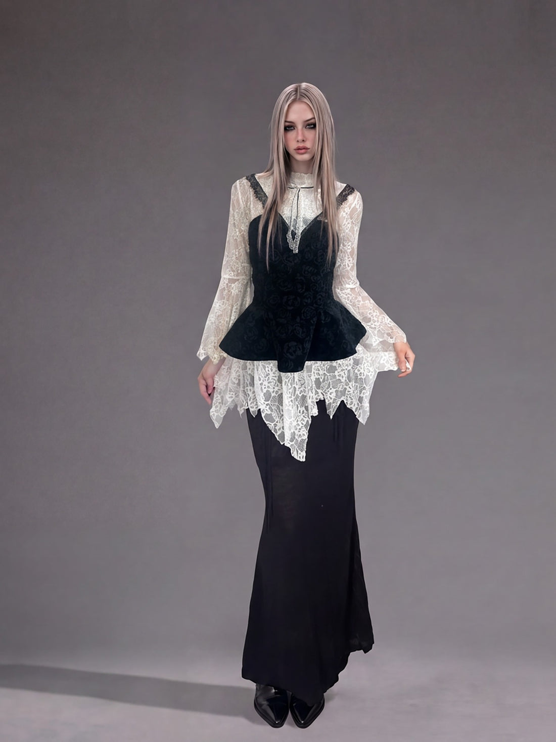 Emoha Gothic Long Sleeve High Neck Cinched Waist Sheer Women&